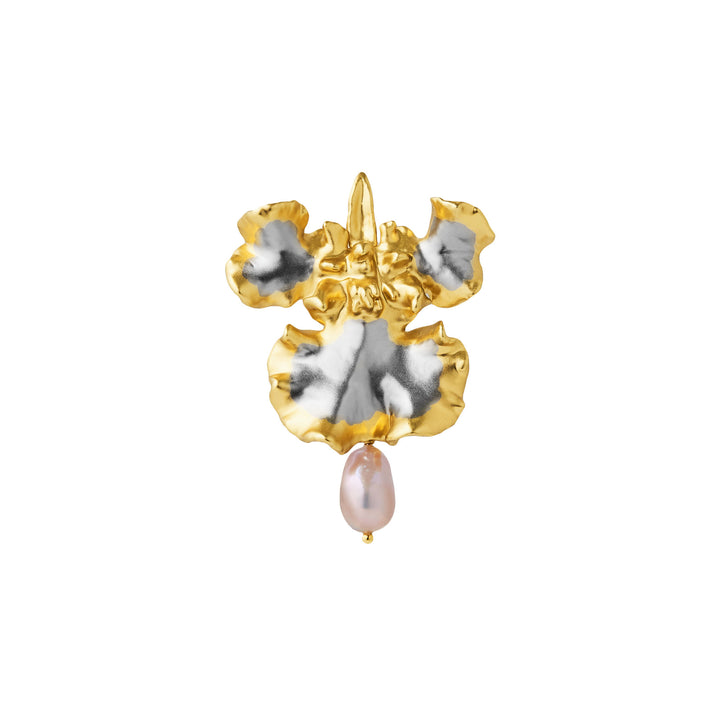 RISIS Oncidium Orchid Brooch in Gold with Pink Baroque Pearl