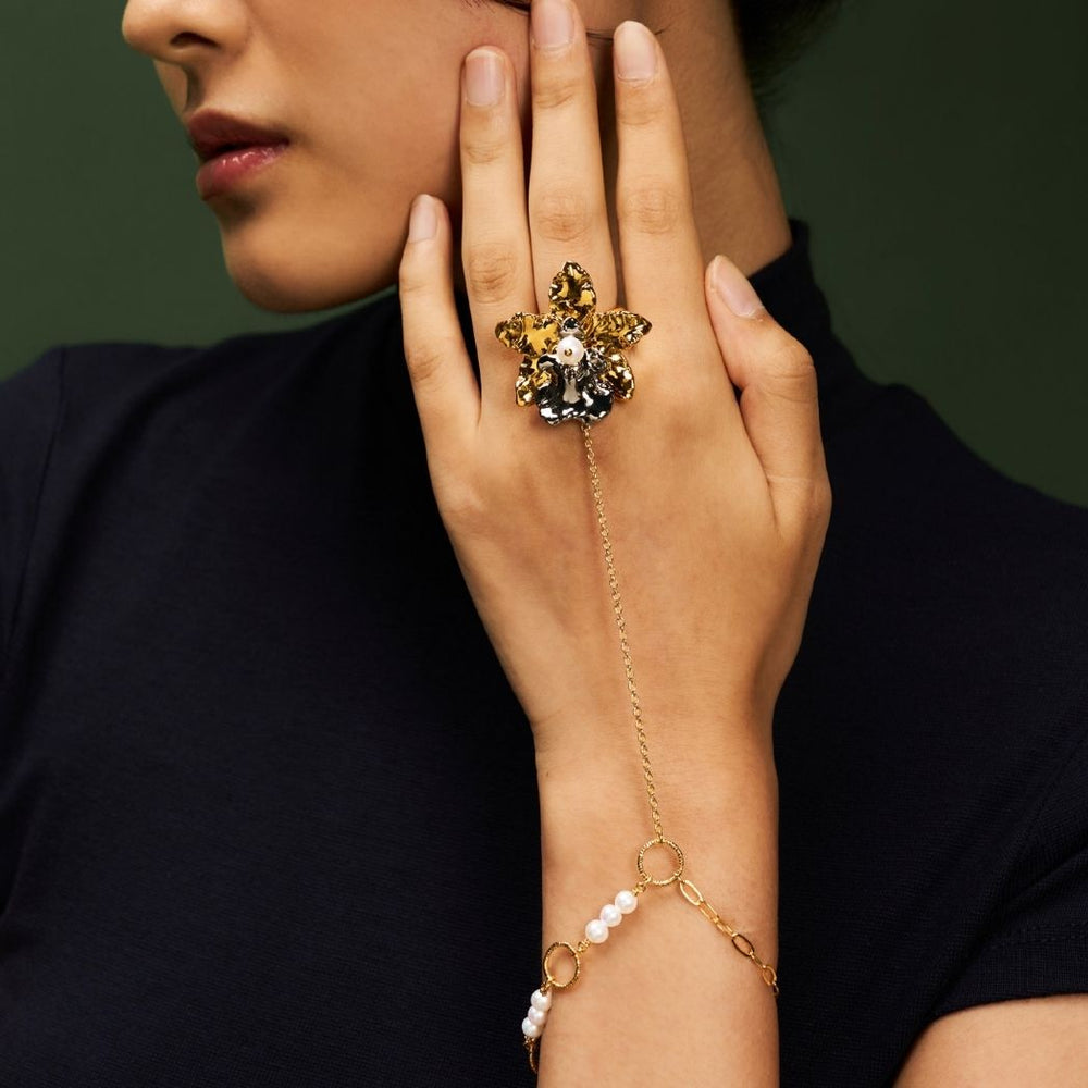 RISIS Oncidium Orchid Hand Chain in 24K Swiss Gold and Palladium with Natural Freshwater pearls