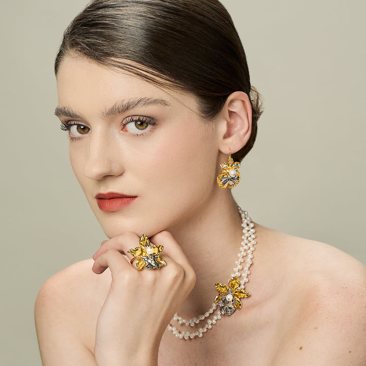 RISIS Oncidium Orchid Jewellery Set (Earrings, Necklace & Ring), Natural Oncidium Wildcat Orchid encapsulated in 24K Swiss Gold and Palladium Silver with Freshwater Pearl