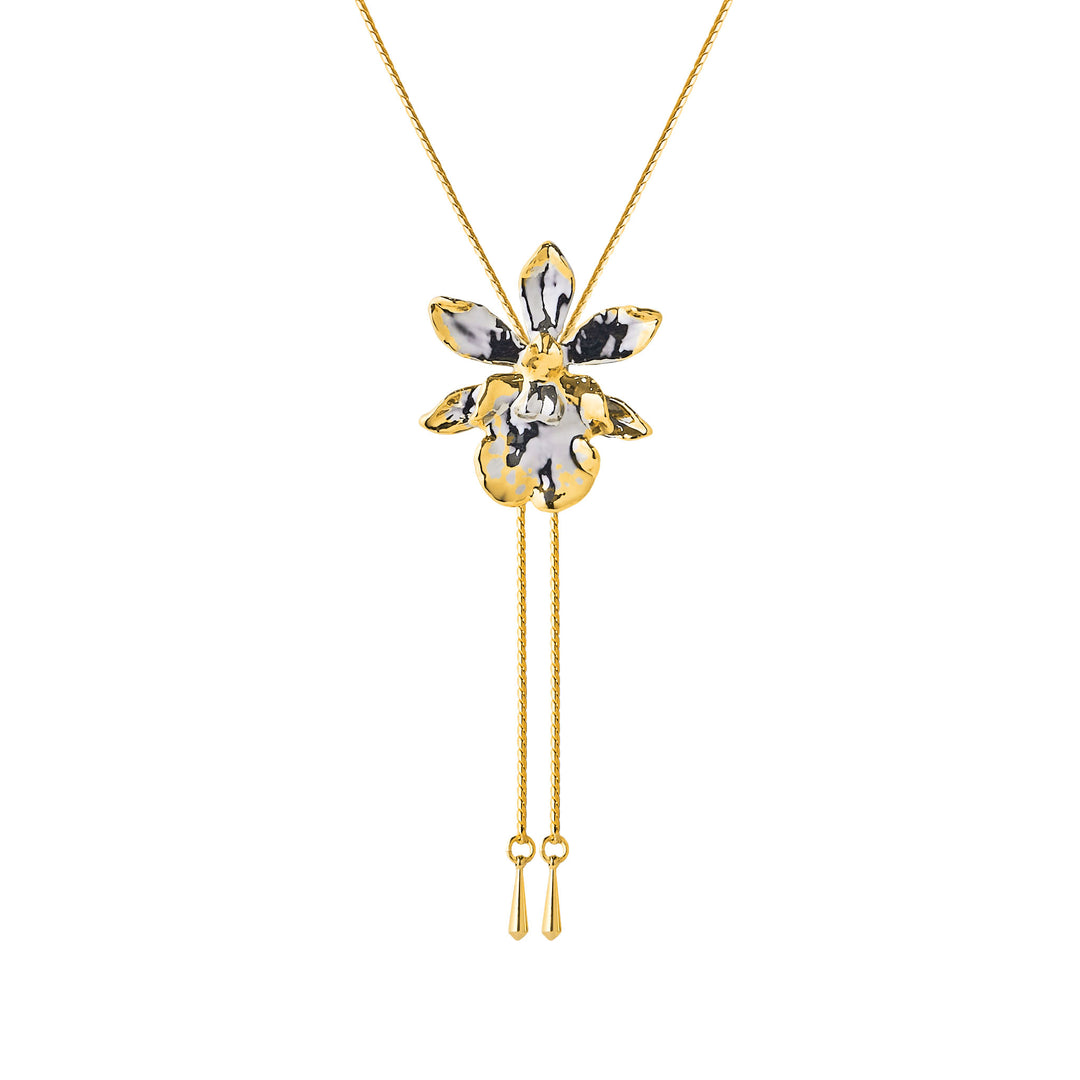 RISIS Oncidium Orchid Long Slider Necklace In Gold & Palladium; Natural Oncidium Hwuduluen Orchid Encapsulated in 24K Swiss Gold and Palladium