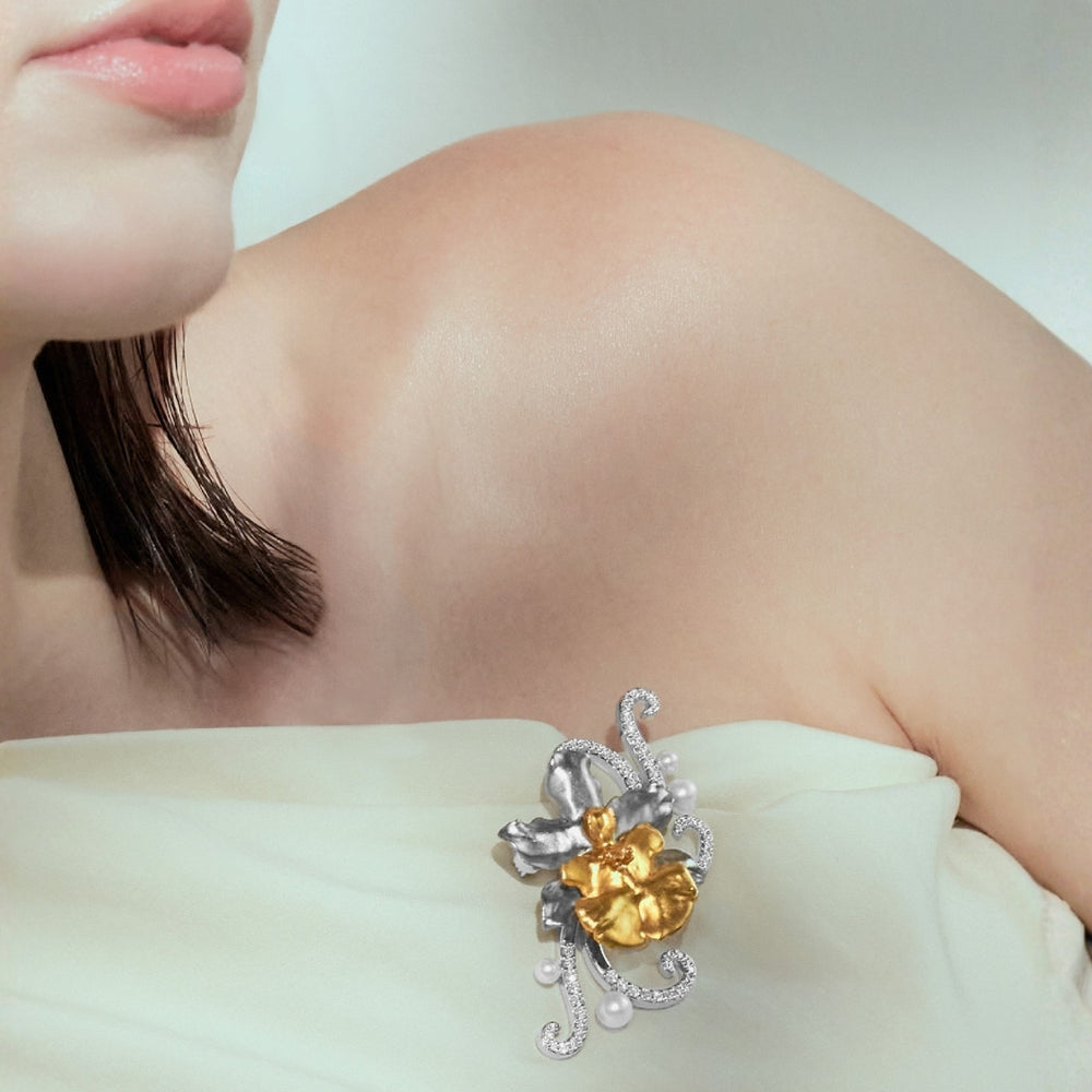 RISIS Oncidium Orchid Élan Brooch In 24K Gold and Palladium with Pearls and Moissanite