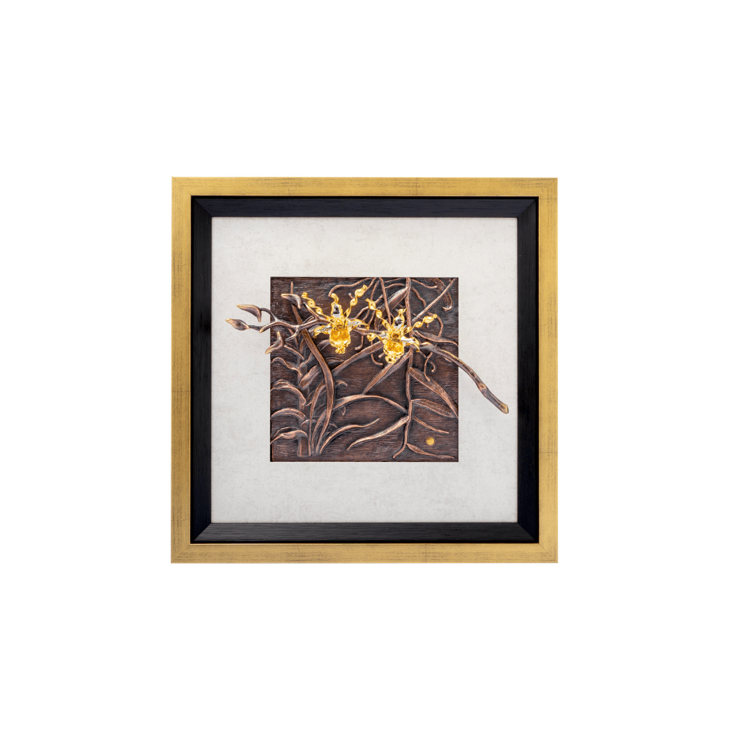 RISIS Orchid Botanica Frame, Natural Dendrobium Helix Orchid Encapsulated in 24K Swiss Gold and Palladium with Blackened Copper Vines on Designer Frame