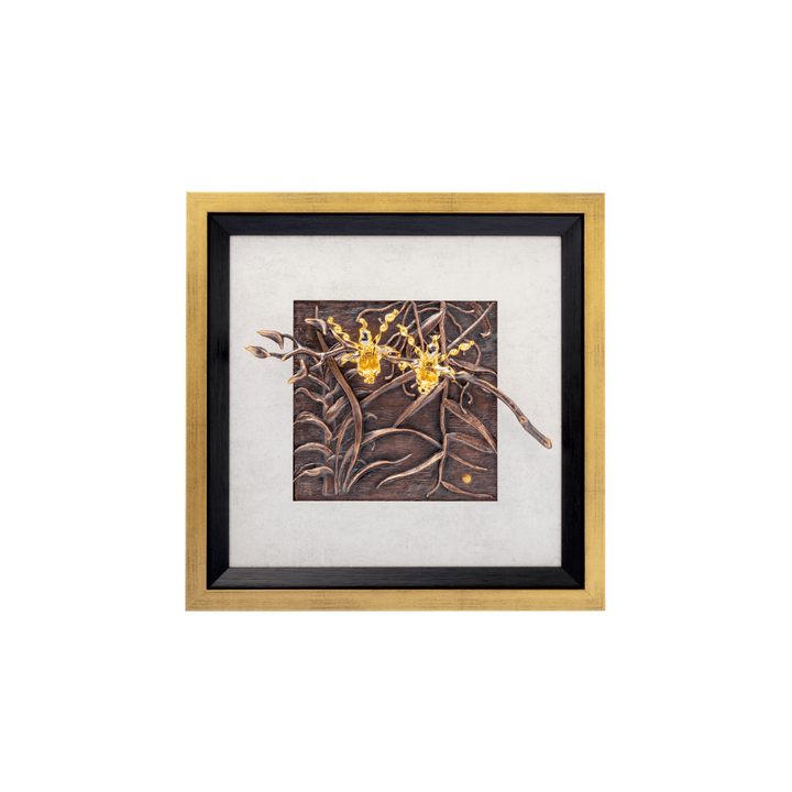 RISIS Orchid Botanica Frame, Natural Dendrobium Helix Orchid Encapsulated in 24K Swiss Gold and Palladium with Blackened Copper Vines on Designer Frame