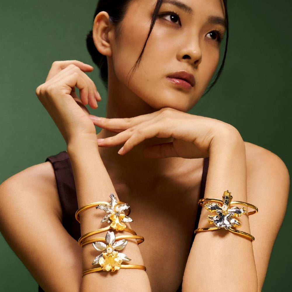 RISIS Orchid Cuff Bangles in 24K Swiss Gold and Palladium with Freshwater Pearl