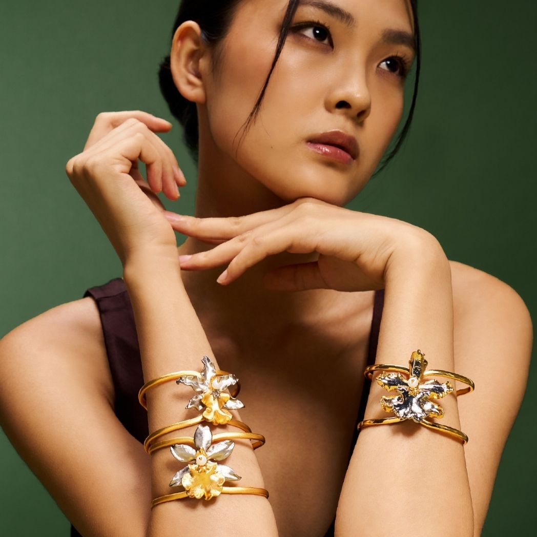 RISIS Orchid Cuff Bangles in 24K Swiss Gold and Palladium with Freshwater Pearl