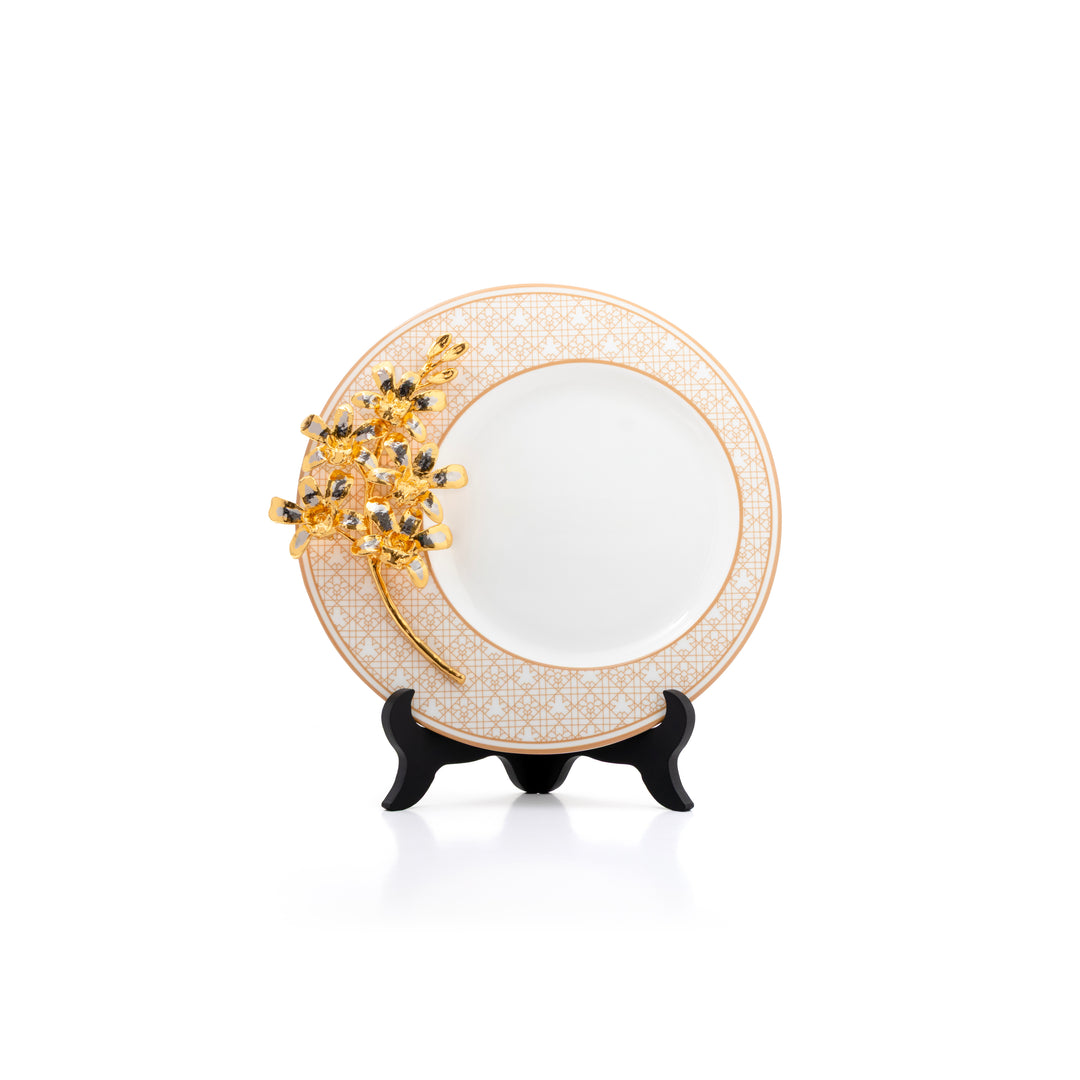 RISIS Orchid Heritage Bone China Plaque in 24K Swiss Gold and Palladium on a Bamboo Stand