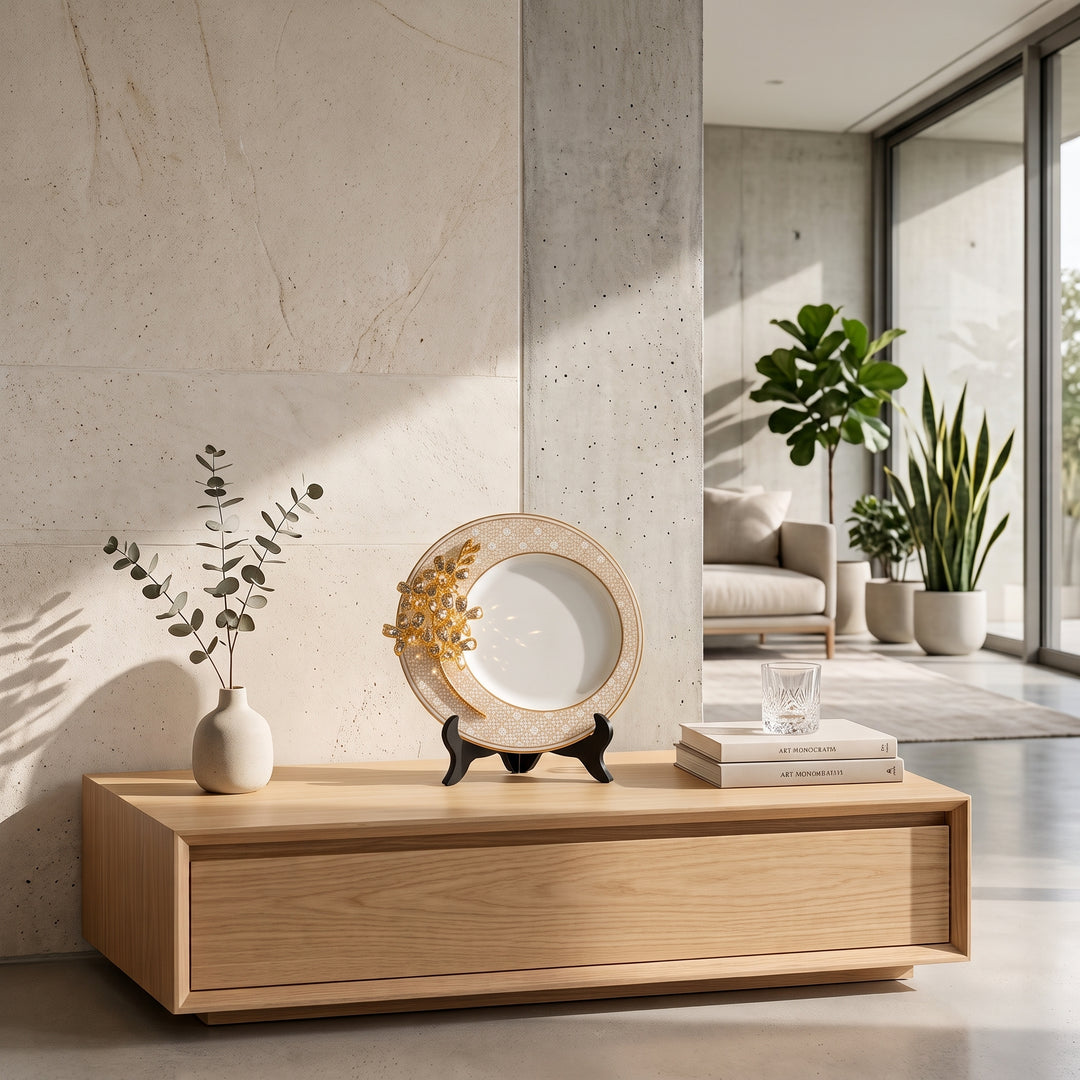 RISIS Orchid Heritage Bone China Plaque in 24K Swiss Gold and Palladium on a Bamboo Stand