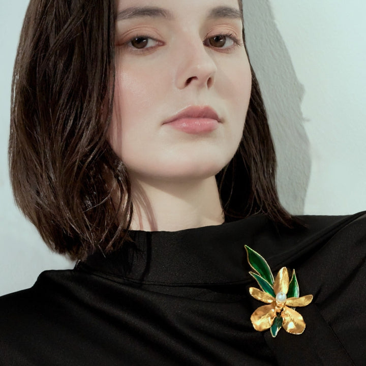 RISIS Orchid & Leaf Brooch in 24K Swiss Gold with Natural Freshwater Pearl and Green Enamel