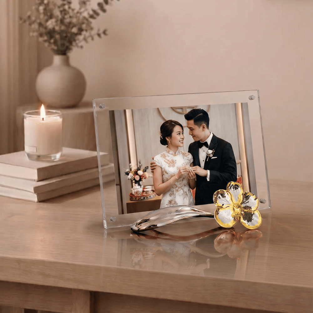 RISIS Orchid Photo Frame encapsulated in 24K Swiss Gold and Palladium with Pewter Leaf