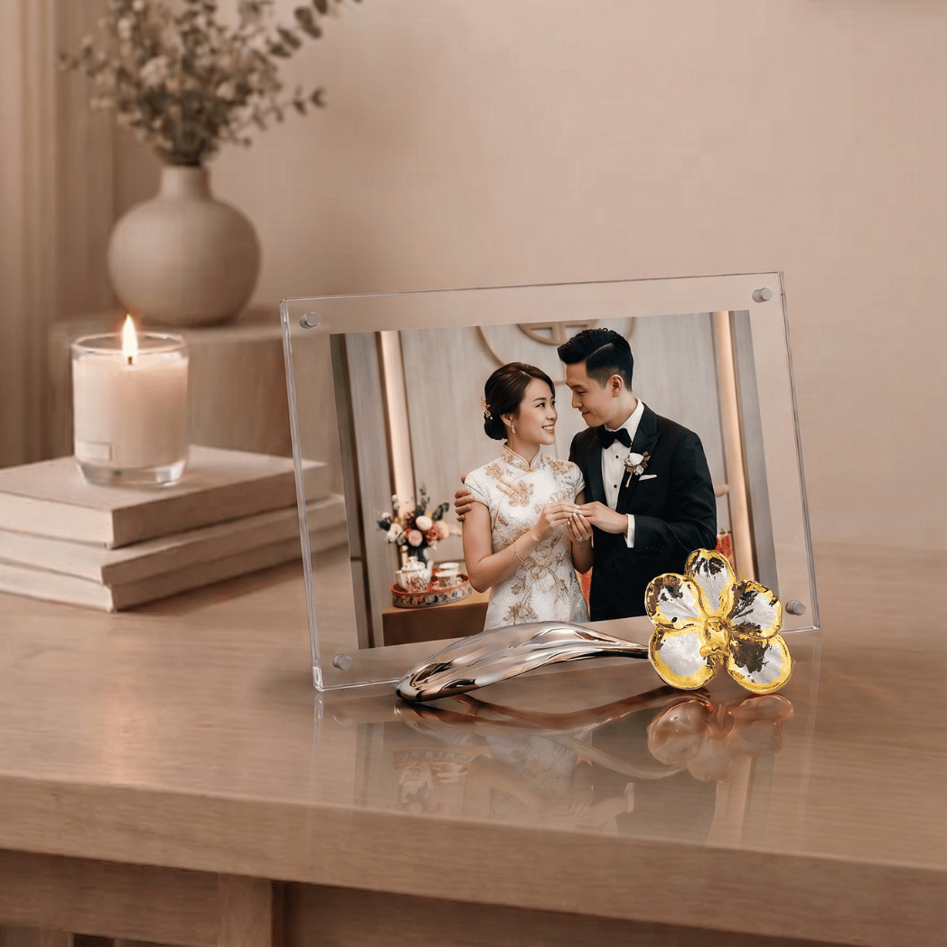 RISIS Orchid Photo Frame encapsulated in 24K Swiss Gold and Palladium with Pewter Leaf