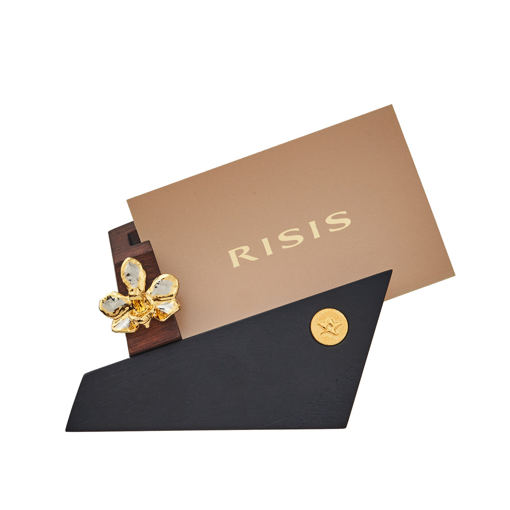 RISIS Orchid Prism Name Card Holder, Natural Doritaenopsis Pulcherima Orchid encapsulated in 24K Swiss Gold and Palladium with Sustainable Teak Wood