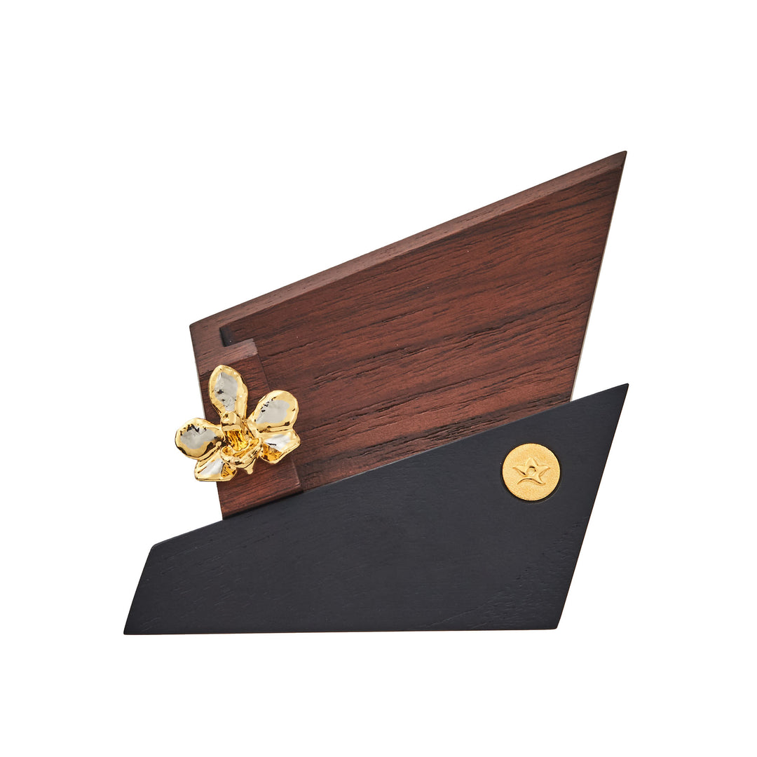 RISIS Orchid Prism Name Card Holder, Natural Doritaenopsis Pulcherima Orchid encapsulated in 24K Swiss Gold and Palladium with Sustainable Teak Wood
