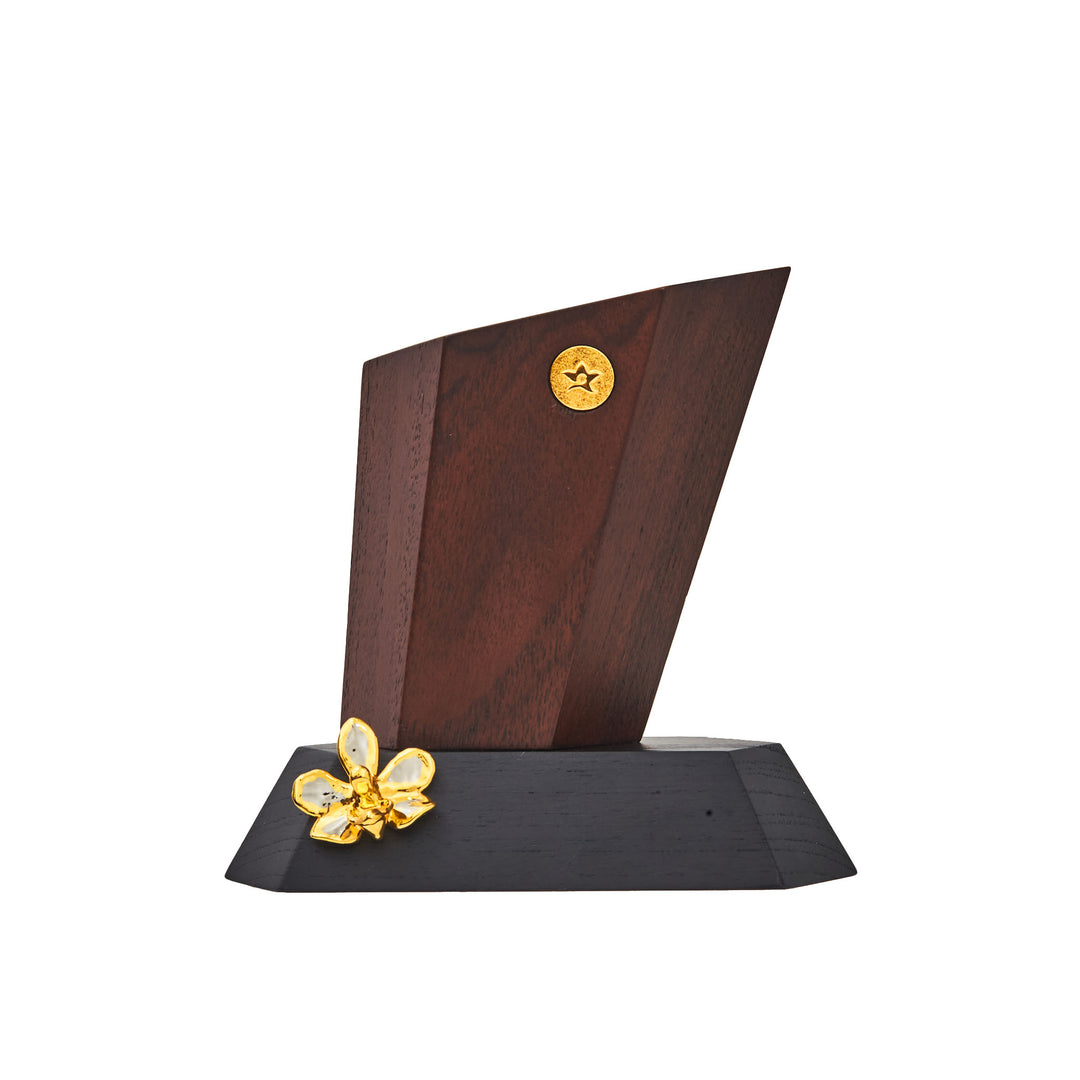 RISIS Orchid Prism Pen Caddy, Natural Doritaenopsis Pulcherima Orchid encapsulated in 24K Swiss Gold and Palladium with Sustainable Teak Wood