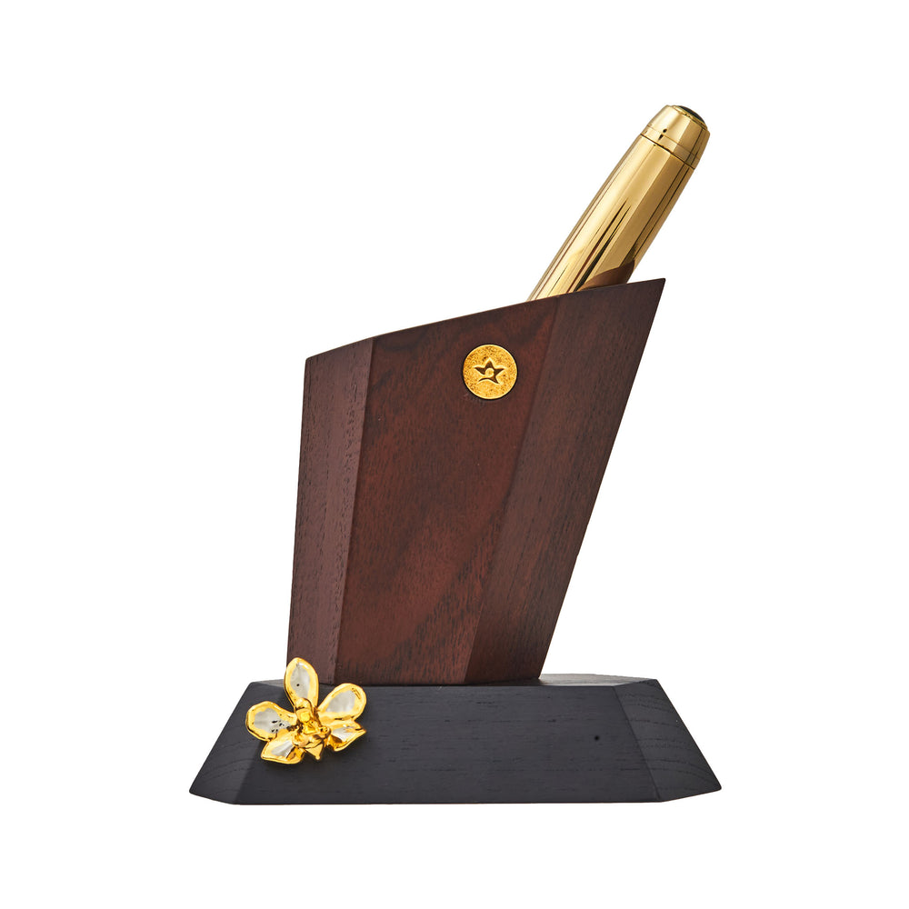 RISIS Orchid Prism Pen Caddy, Natural Doritaenopsis Pulcherima Orchid encapsulated in 24K Swiss Gold and Palladium with Sustainable Teak Wood