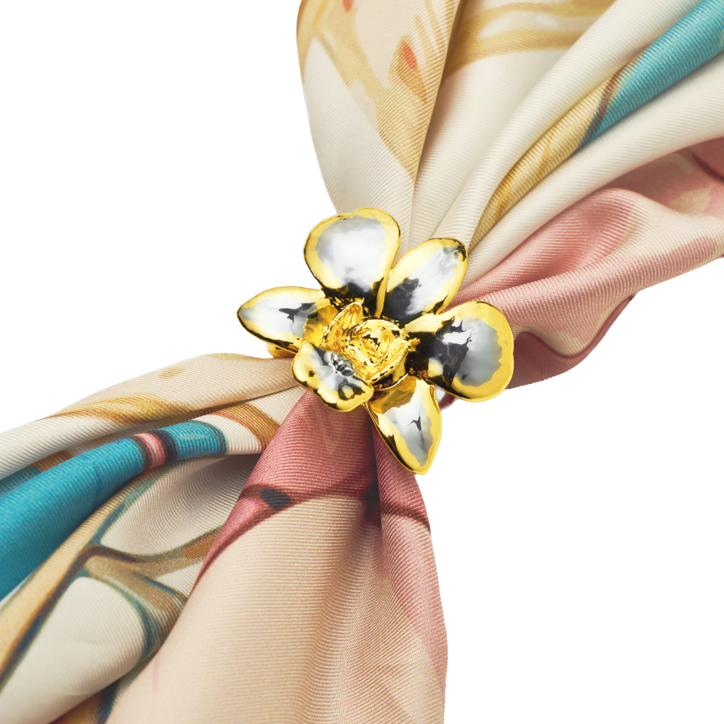 RISIS Orchid Silk Scarf with Scarf Ring In 24K Gold and Palladium