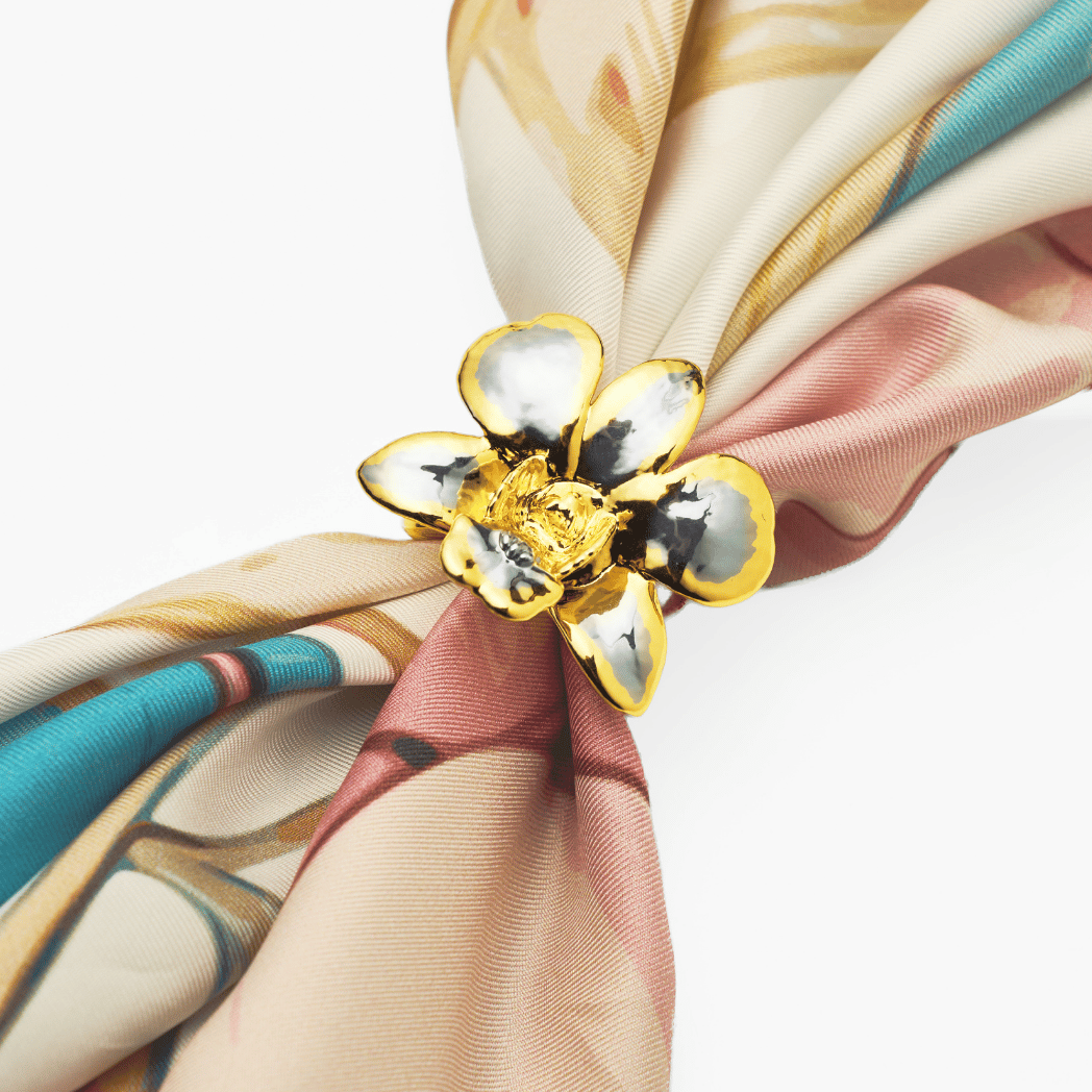 RISIS Orchid Silk Scarf with Scarf Ring In 24K Gold and Palladium