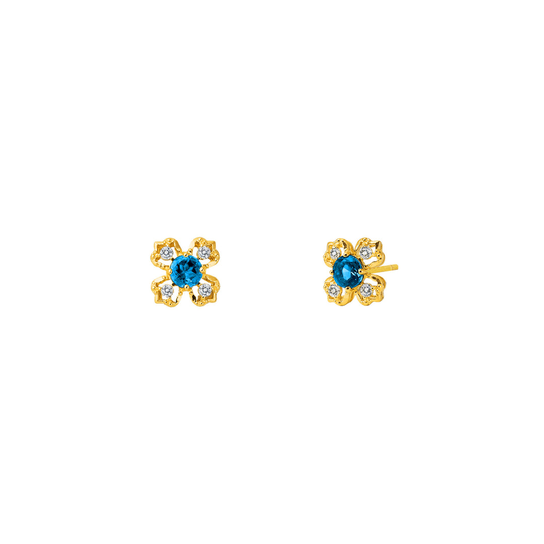 RISIS Peranakan Kebaya Gold Earrings with London Blue Topaz, 925 Silver Encapsulated in 24K Swiss Gold with London Blue Topaz and accented in White Topaz