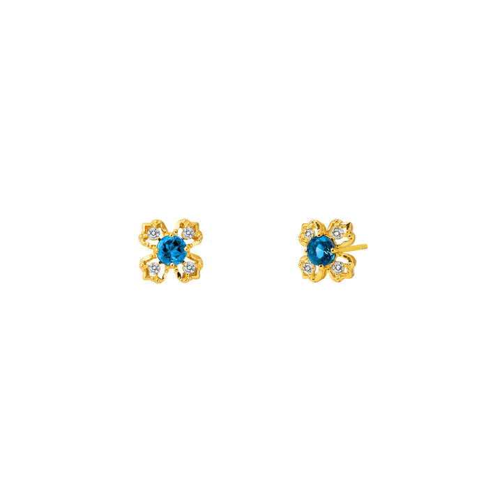 RISIS Peranakan Kebaya Gold Earrings with London Blue Topaz, 925 Silver Encapsulated in 24K Swiss Gold with London Blue Topaz and accented in White Topaz