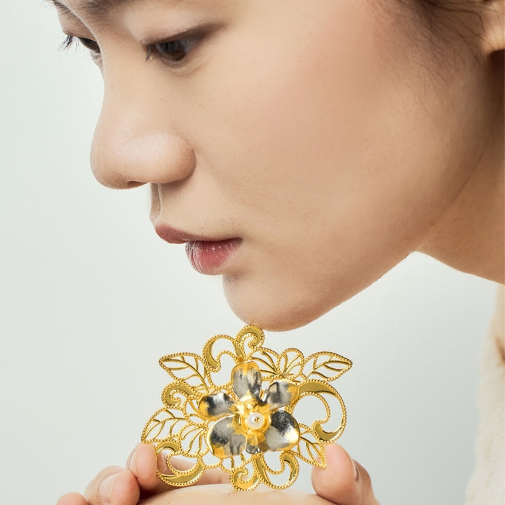 RISIS Gold Peranakan Lace with Bi-Colour Orchid Brooch with Pearl