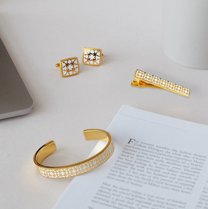 RISIS Peranakan Orchid Tie Clip, Cufflinks & Bangle, encapsulated in 18K Gold and White Enamel