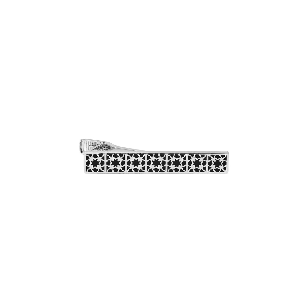 RISIS Peranakan Orchid Tie Clip, encapsulated in Rhodium and Black Enamel