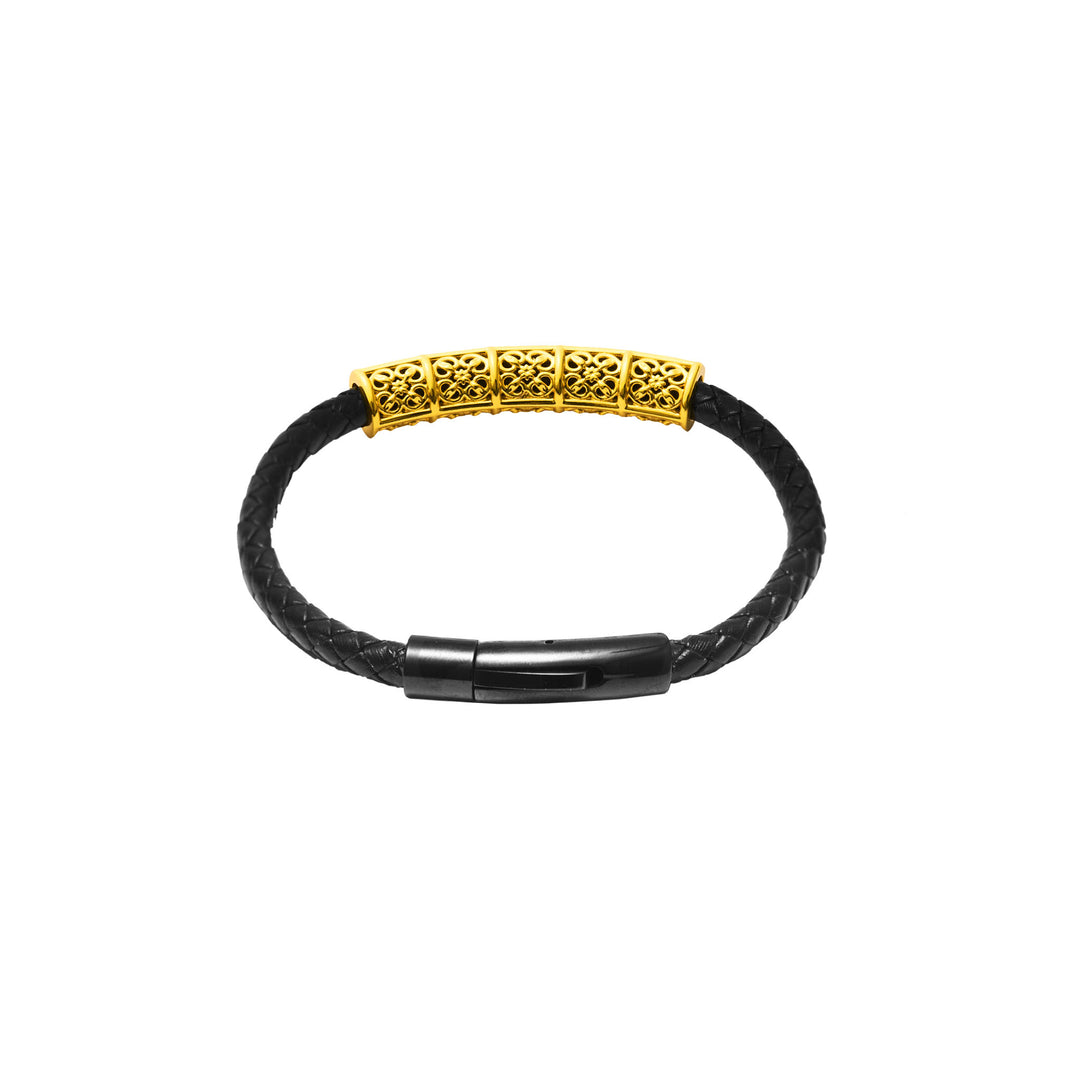 RISIS Peranakan Relic Straits Petal Black Leather Bracelet, 925 Sterling Silver encapsulated in Rhodium