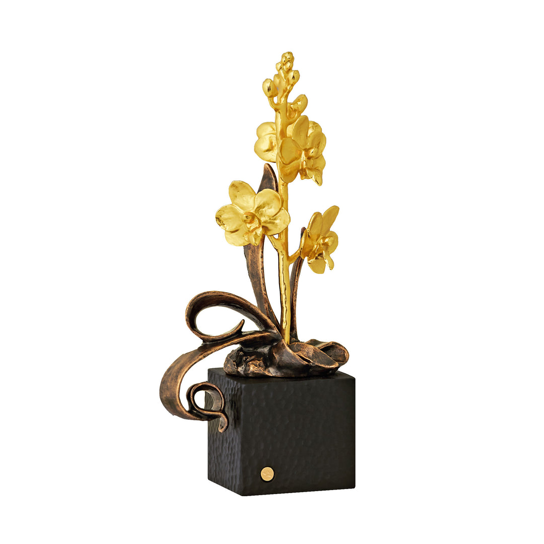 RISIS Petite Ascocenda Orchid Art Bonsai,  Encapsulated in 24K Swiss Gold on a Black Hammer Pot with Blackened Copper Leaves