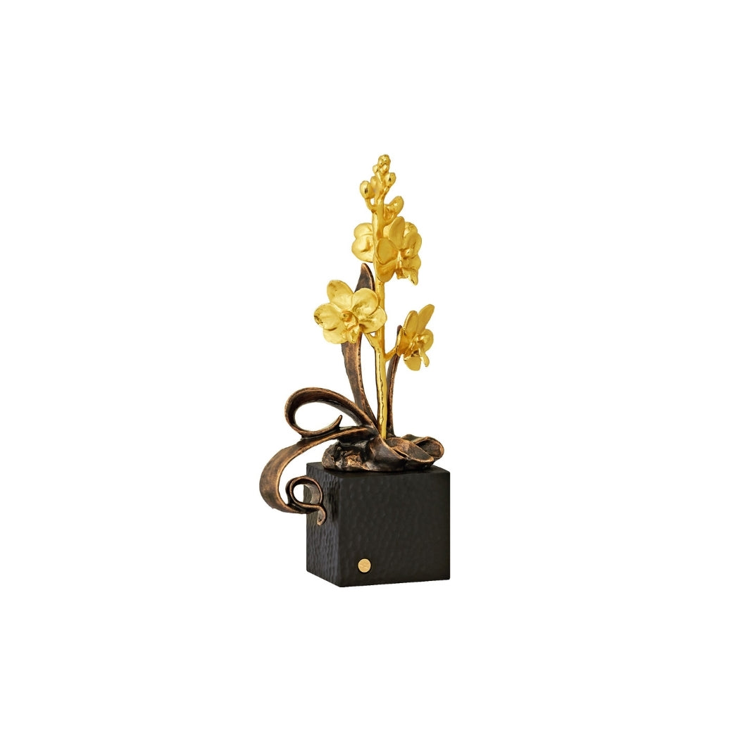 RISIS Petite Ascocenda Orchid Art Bonsai,  Encapsulated in 24K Swiss Gold on a Black Hammer Pot with Blackened Copper Leaves