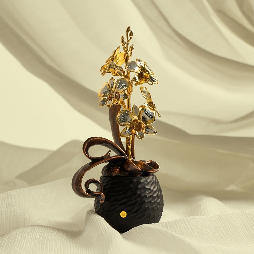 RISIS Petite Dendrobium Orchid Art Bonsai, Encapsulated in 24K Swiss Gold and Palladium on a Black Hammer Pot
