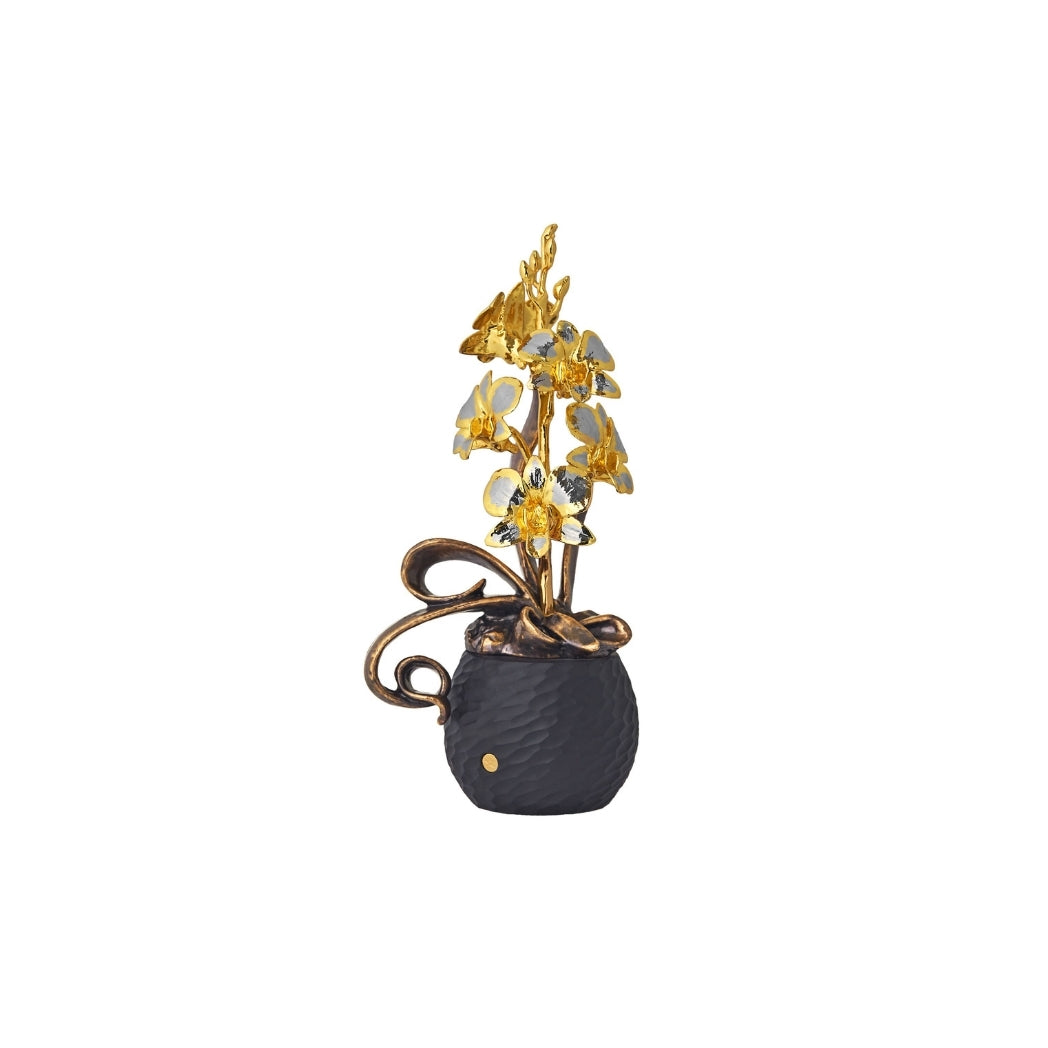 RISIS Petite Dendrobium Orchid Art Bonsai, Encapsulated in 24K Swiss Gold and Palladium on a Black Hammer Pot
