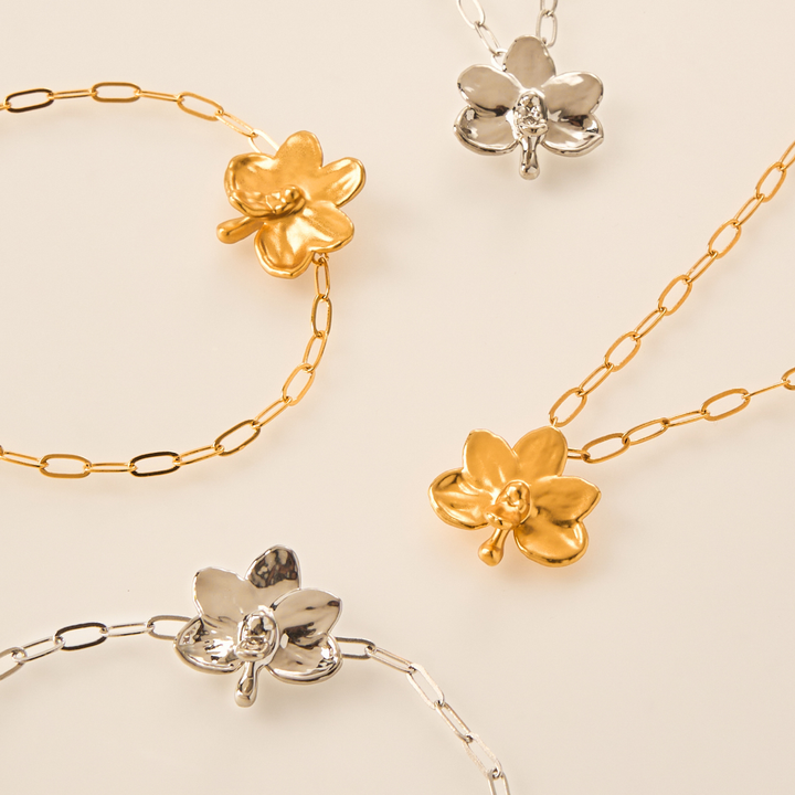 RISIS Petite Orchid Paperclip Bracelets and necklaces in Palladium and gold