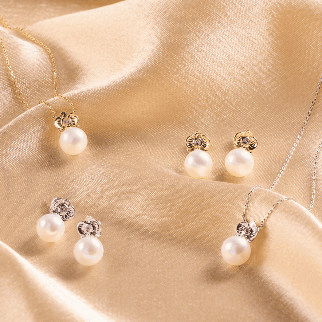 RISIS Petite Phalaenopsis Pearl Earrings, 925 Silver Encapsulated in Rhodium and 18K Gold with White Topaz and Freshwater Pearl