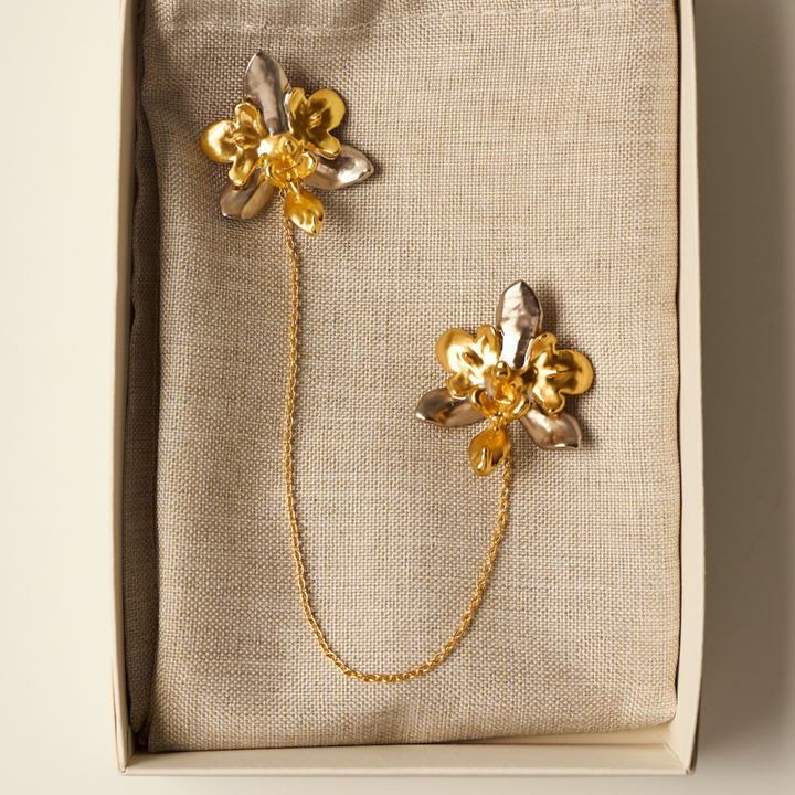 RISIS Phalaenopsis Chain Brooch, Natural Phalaenopsis Orchid encapsulated in 24K Swiss Gold and Palladium