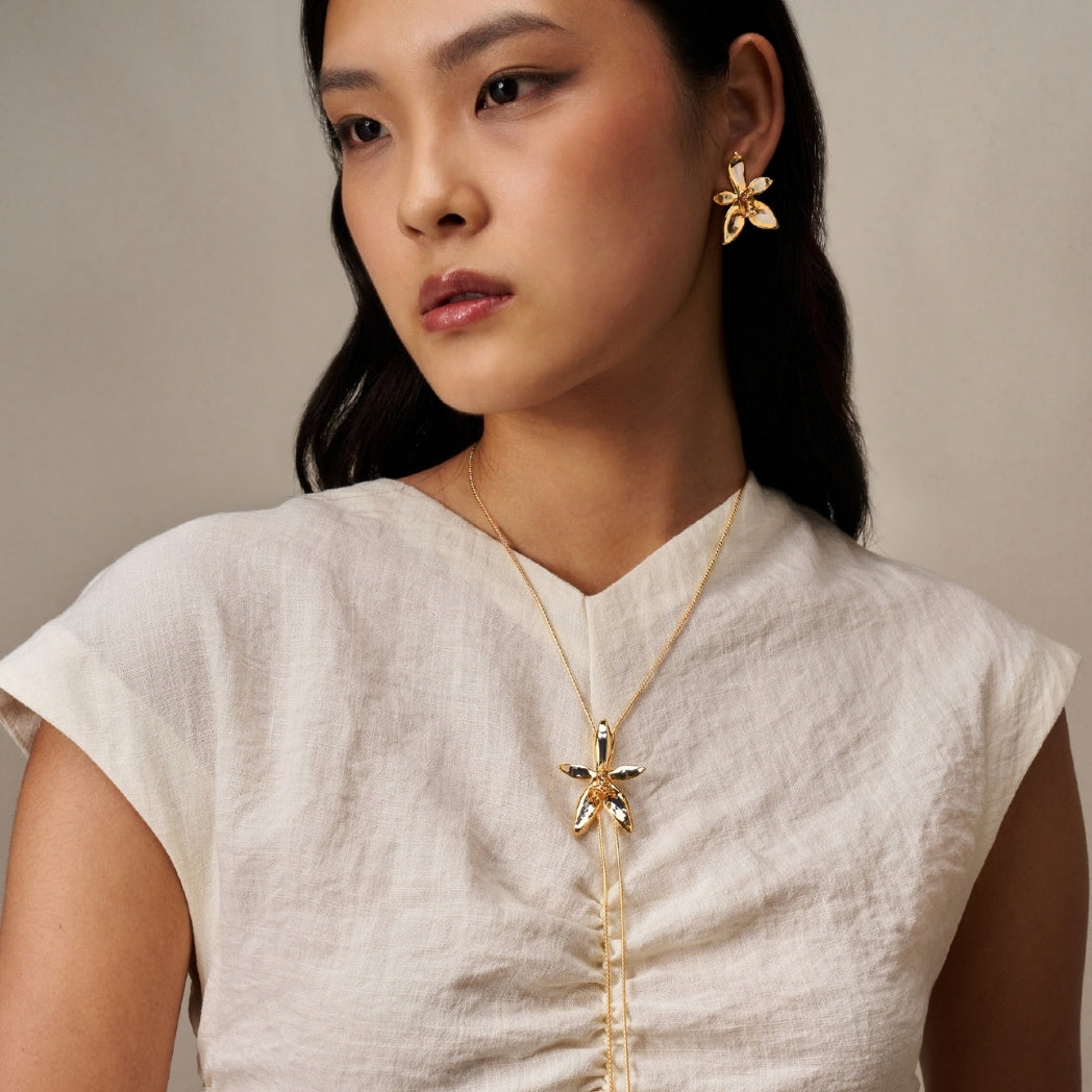 RISIS Phalaenopsis Cornu Cervi Orchid Long Slider Necklace and Earrings in 24K Swiss Gold & Palladium