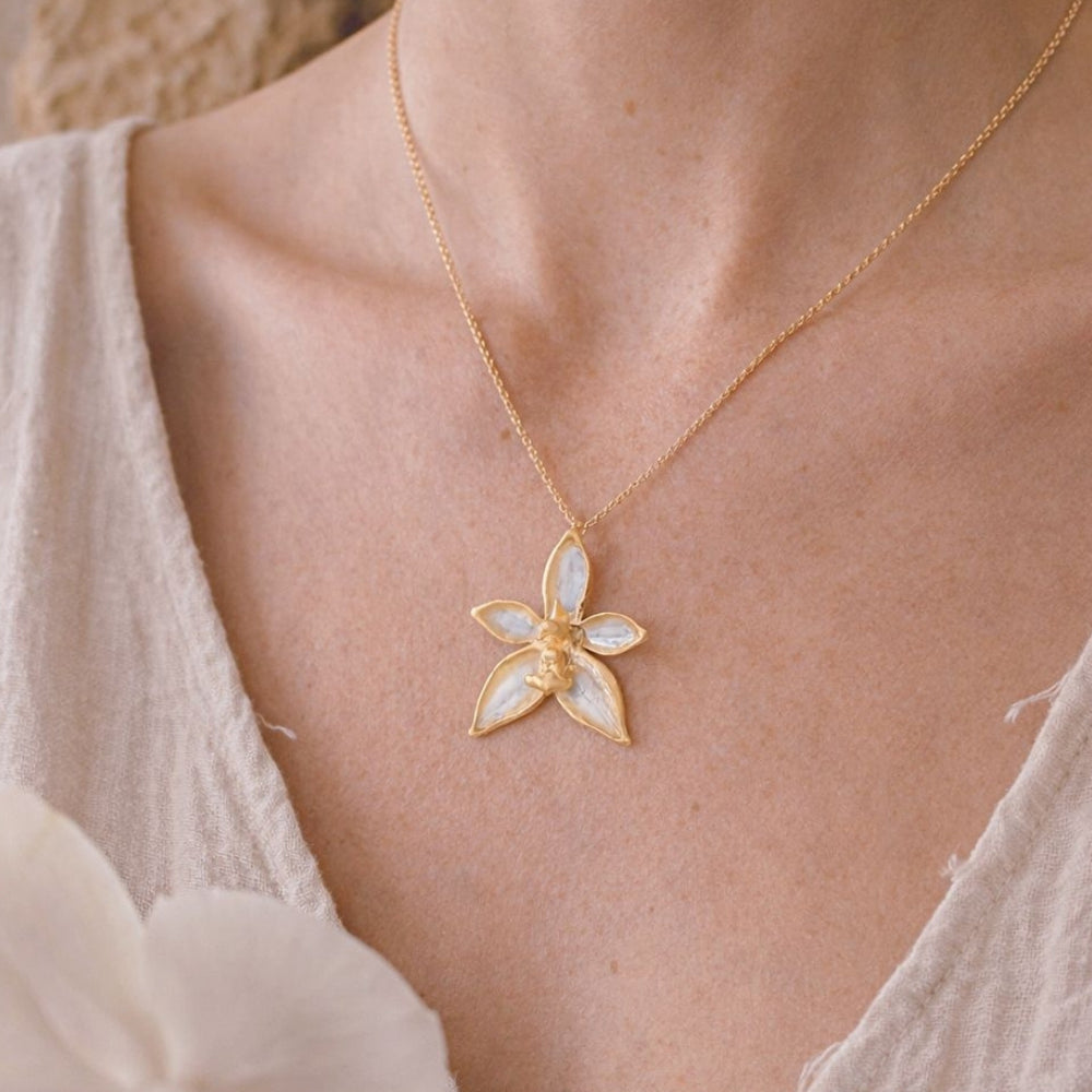 RISIS Phalaenopsis Cornu Cervi Orchid Necklace, encapsulated in 24K Swiss Gold and Palladium