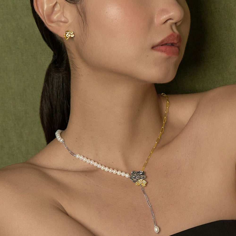 RISIS Phalaenopsis Moments Earrings & Necklace, 925 Sterling Silver Encapsulated in 24K Swiss Gold and Rhodium Silver with Freshwater Pearls and White Topaz