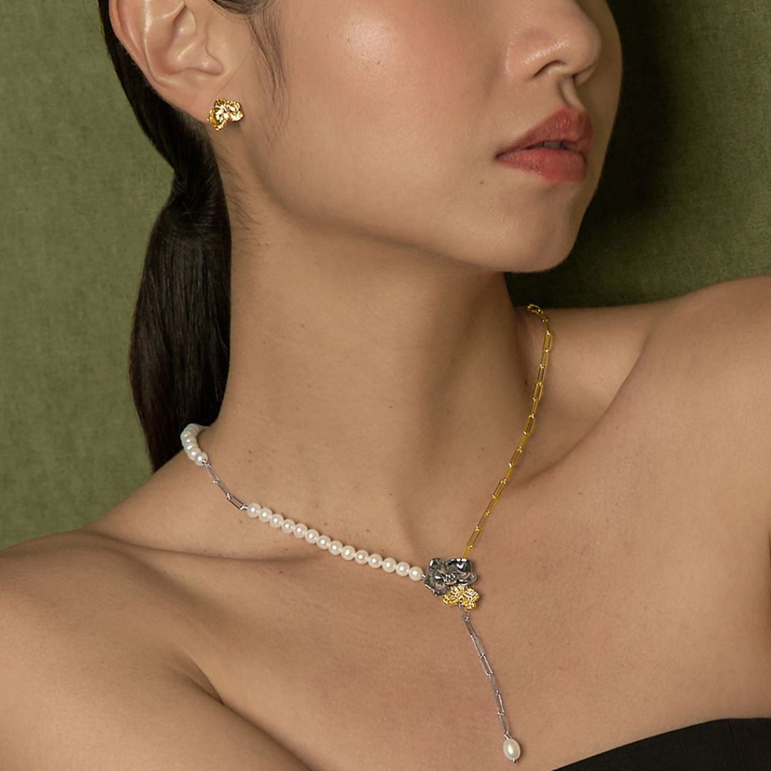 RISIS Phalaenopsis Moments Earrings & Necklace, 925 Sterling Silver Encapsulated in 24K Swiss Gold and Rhodium Silver with Freshwater Pearls and White Topaz