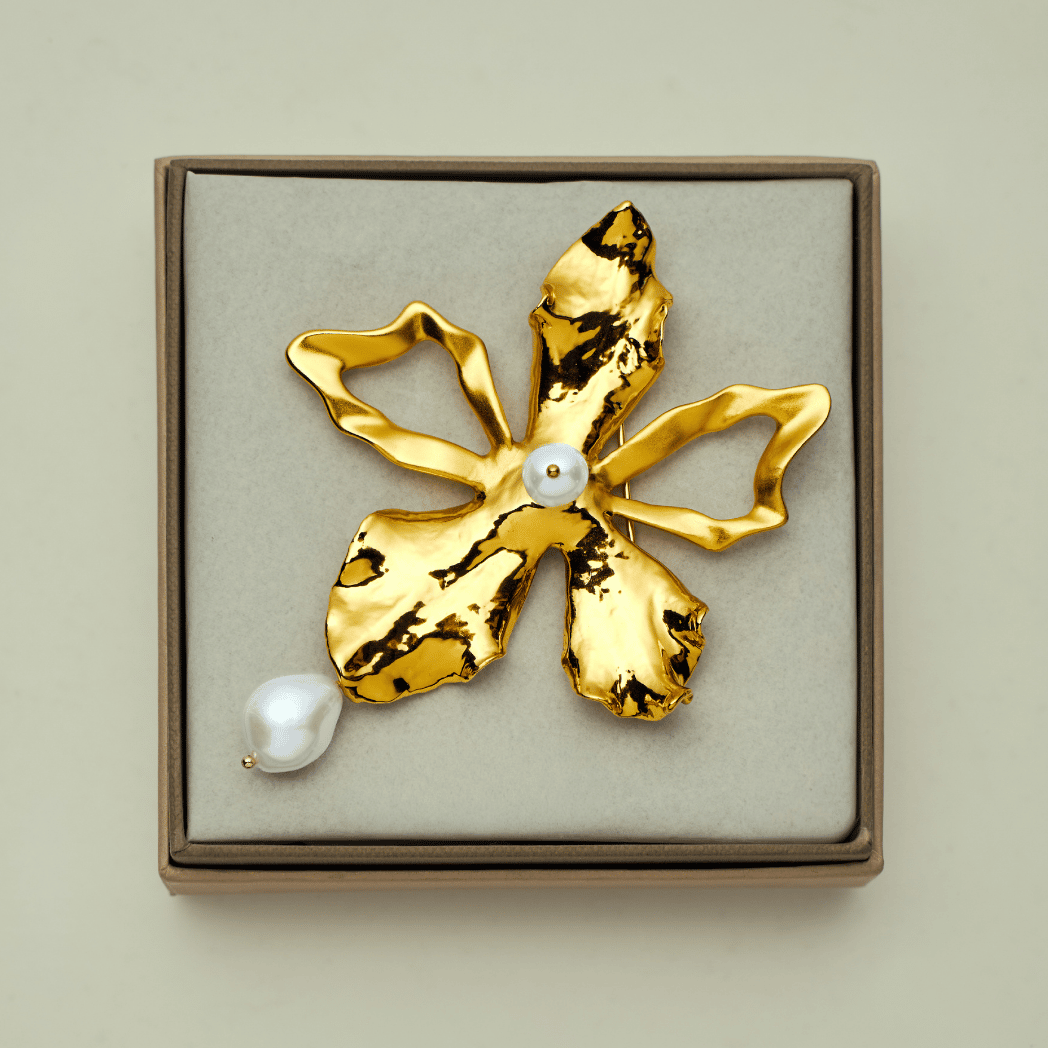 RISIS Re:Born Golden Orchid Brooch, Natural Orchid in 24K Swiss Gold with Freshwater Pearl and Baroque Freshwater Pearl