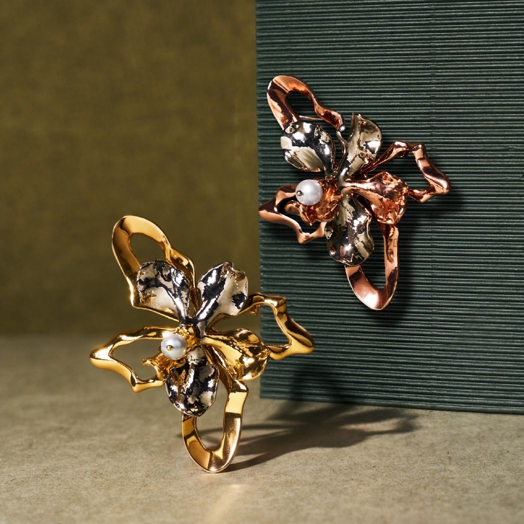 RISIS Re:Born Vanda Orchid Brooches in 24K Gold, Palladium & Copper Rose with Freshwater & Akoya Pearl