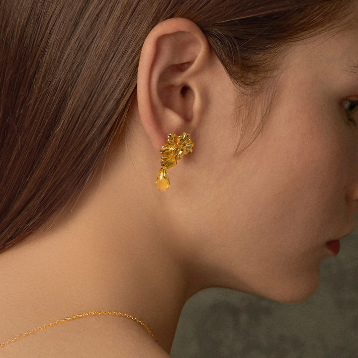 RISIS Resilient Vanda Earrings, encapsulated in 24K Swiss Gold and Palladium with Citrine Briolette