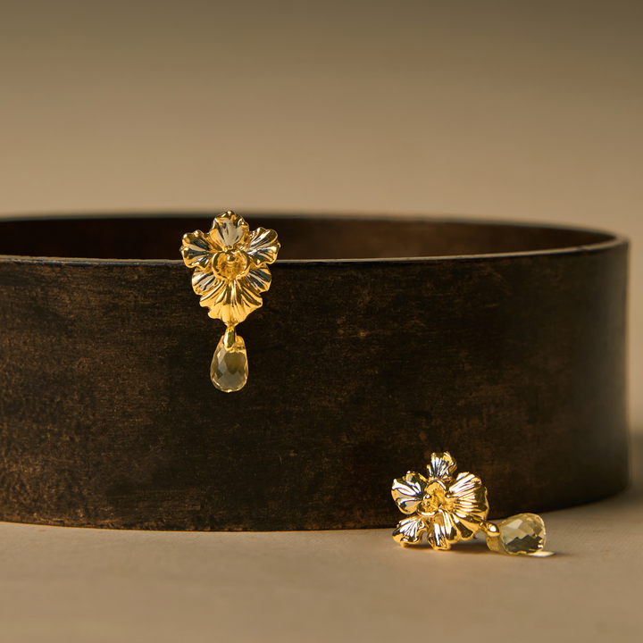 RISIS Resilient Vanda Earrings, encapsulated in 24K Swiss Gold and Palladium with Citrine Briolette