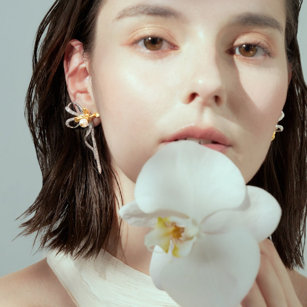 RISIS Ribbon-cut Orchid Earring in 24K Gold with Natural Freshwater Pearls