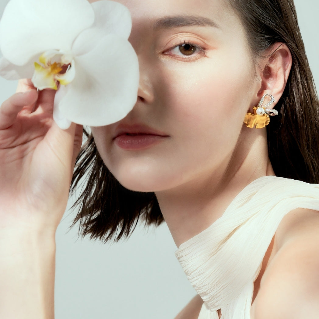 RISIS Ribbon-cut Orchid Earring in 24K Swiss Gold with Natural Freshwater Pearls