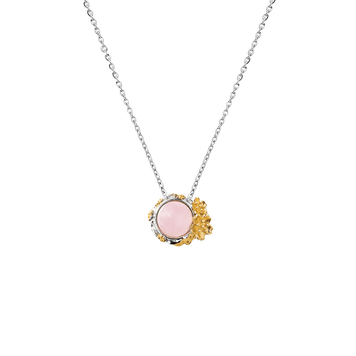 RISIS Rosé Sakura Necklace, 925 Sterling Silver Encapsulated in Rhodium and 18K Gold with Rose Quartz