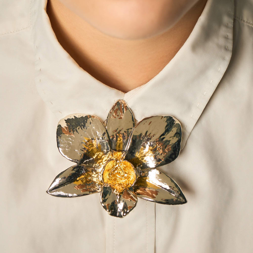 RISIS SG60 Bold Dendrobium Orchid Brooch, Natural Orchid Encapsulated In 24K Swiss Gold And Palladium