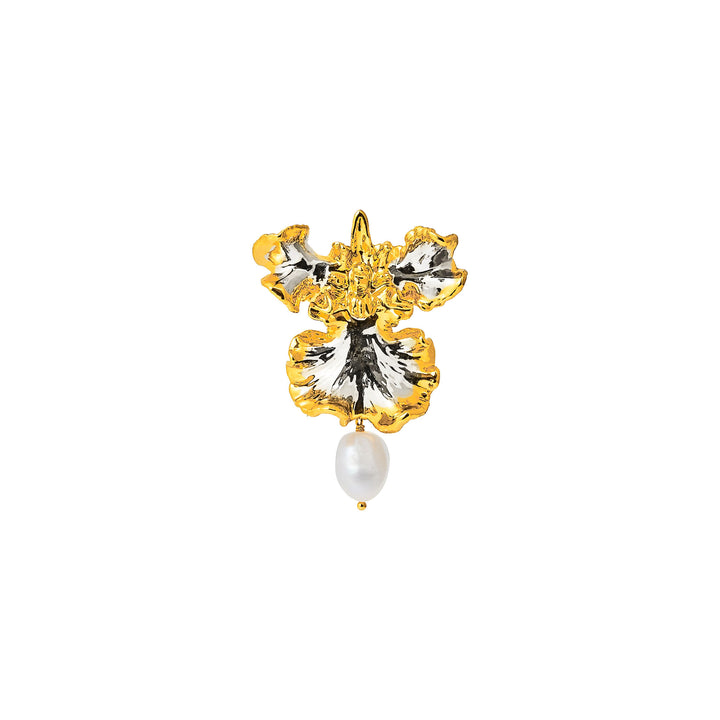 RISIS SG60 Gracious Oncidium Orchid Pearl Brooch, Natural Oncidium Sweet Sugar Orchid encapsulated in 24K Swiss Gold and Palladium with Baroque Freshwater Pearl