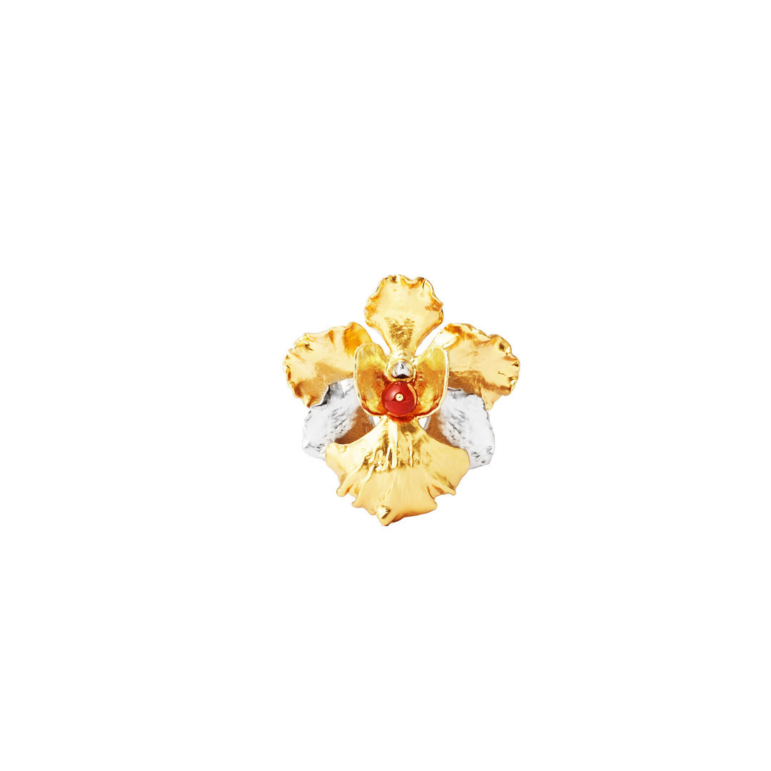 RISIS SG60 Iconic Vanda Miss Joaquim Orchid Brooch, natural orchid encapsulated in 24K Swiss Gold and Palladium with Red Agate