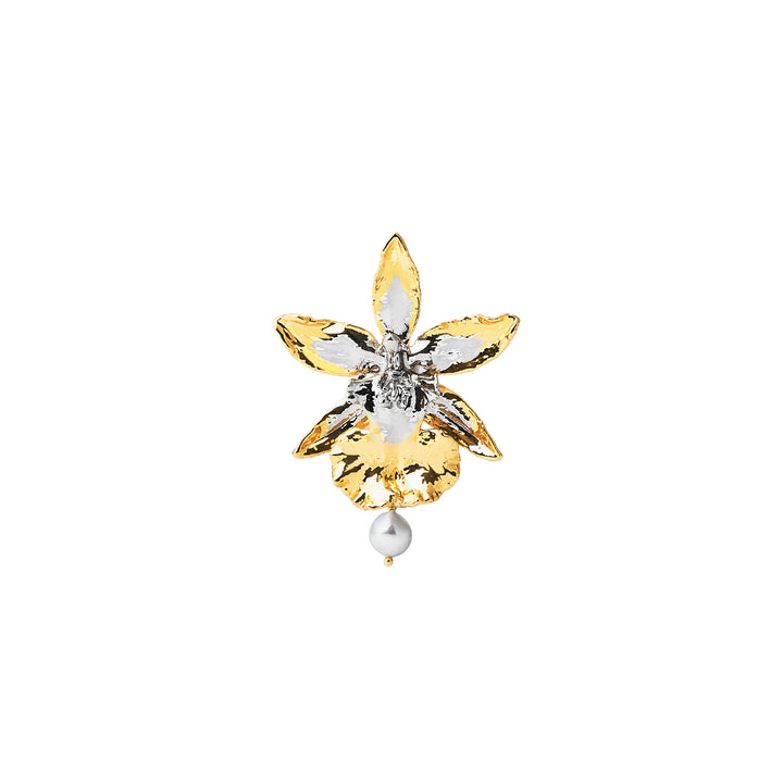 RISIS SG60 Resilient Cambria Orchid Brooch, Natural Orchid encapsulated In 24K Swiss Gold And Palladium With Grey Akoya Pearl