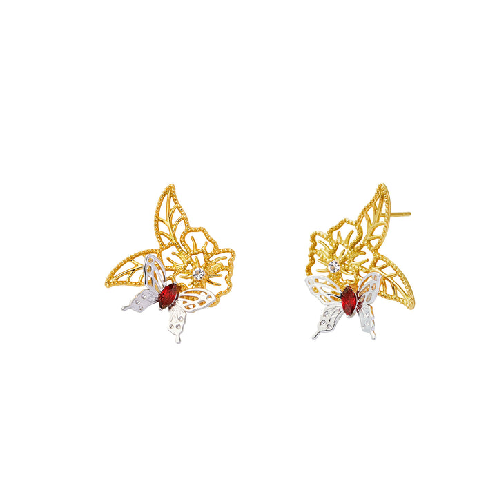 RISIS Scarlet Veil Earrings, encapsulated in 18K Gold and Rhodium with White Topaz and Red Garnet