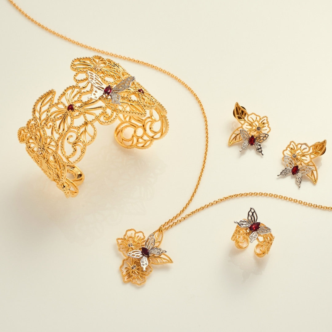 RISIS Scarlet Veil Jewellery Set (Necklace, Earrings, Bangle & Ring), encapsulated in 18K Gold and Rhodium with White Topaz and Red Garnet